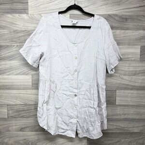 Sigrid Olsen Tunic Top Women's Large Gray 100% Linen Short Sleeve Button Front